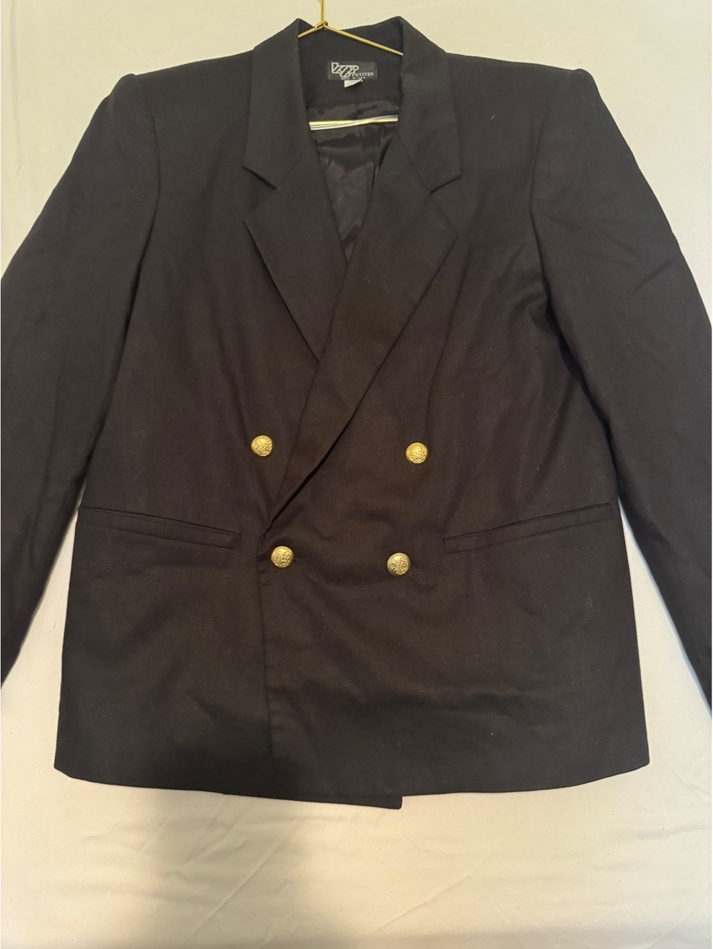 Vintage KGR Petites Blazer Black Double Breasted Gold Crest Buttons 6P USA